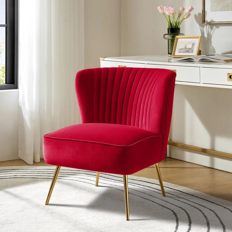 Comfynest Velvet Accent Chair – Channel-Tufted Barrel Chair with Gold Metal Legs (Red) - Image 2